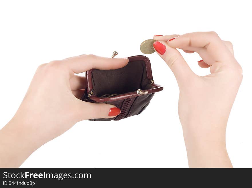 Female hands holding coin and purse isolated on white. Female hands holding coin and purse isolated on white