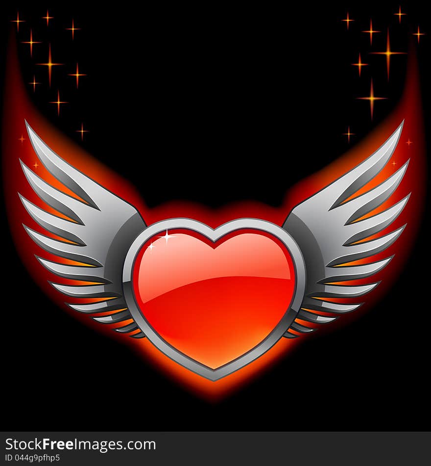 Glossy red heart with iron wings on the black background