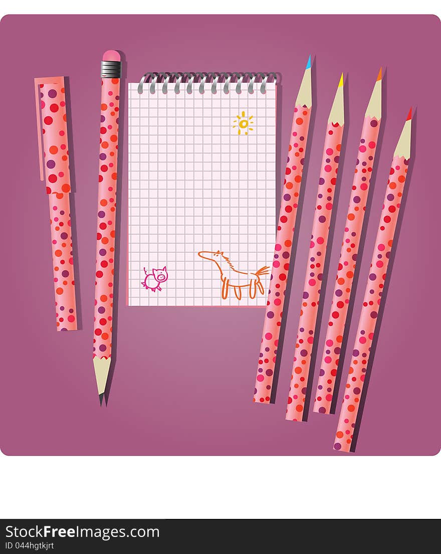 Notebook with pencils and pen for girl. Notebook with pencils and pen for girl