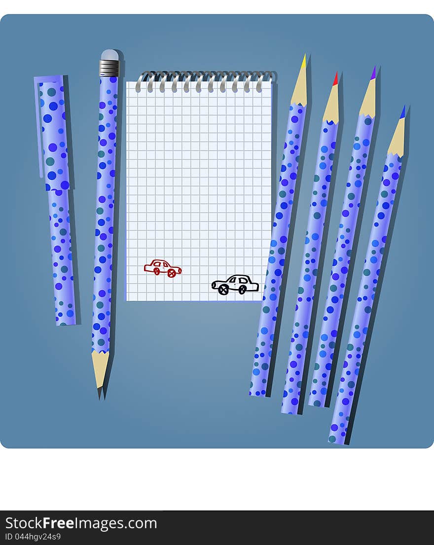 Notebook with pencils and pen for boy. Notebook with pencils and pen for boy