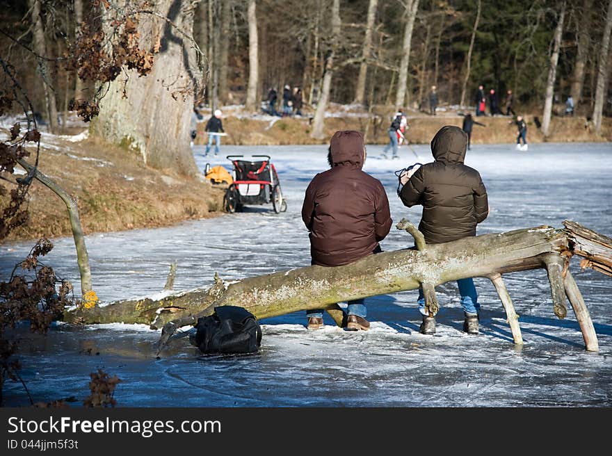 Young couple with a baby in the arms sitting on a fallen bole beside the baby buggy on the ice of a frozen lake in the forest - Stuttgart. Young couple with a baby in the arms sitting on a fallen bole beside the baby buggy on the ice of a frozen lake in the forest - Stuttgart