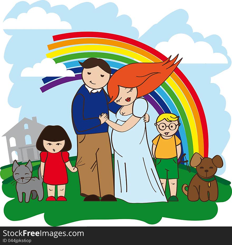 Illustration of a happy family with a house and a rainbow. Illustration of a happy family with a house and a rainbow