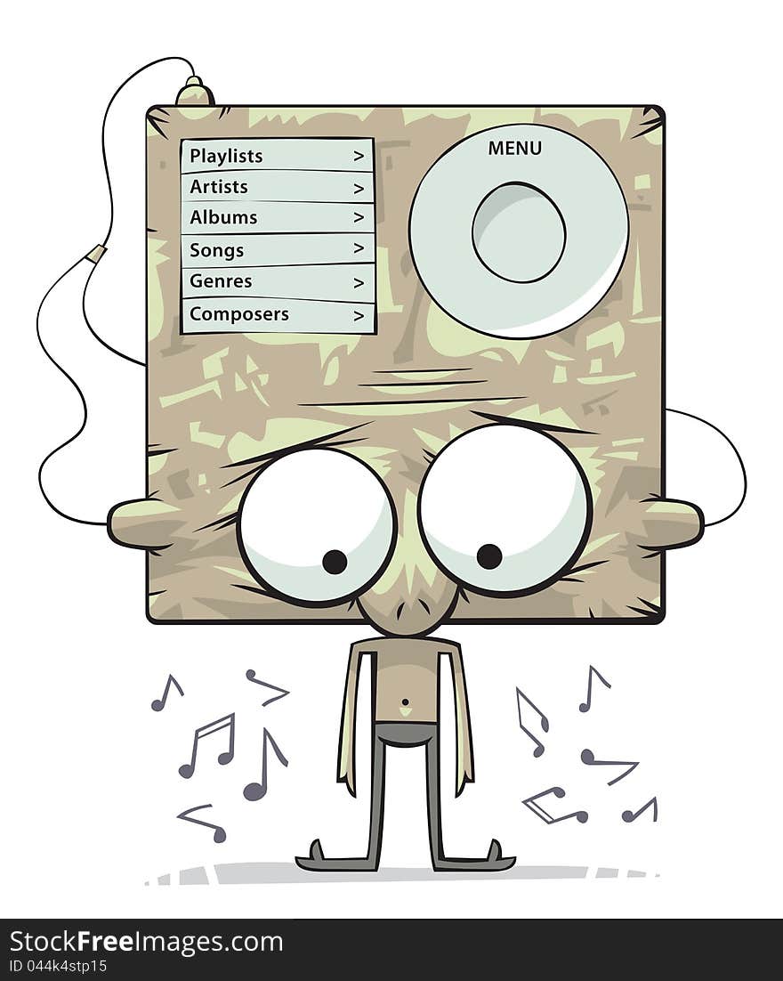 Cute funny character with big head as an audio player is listening to music