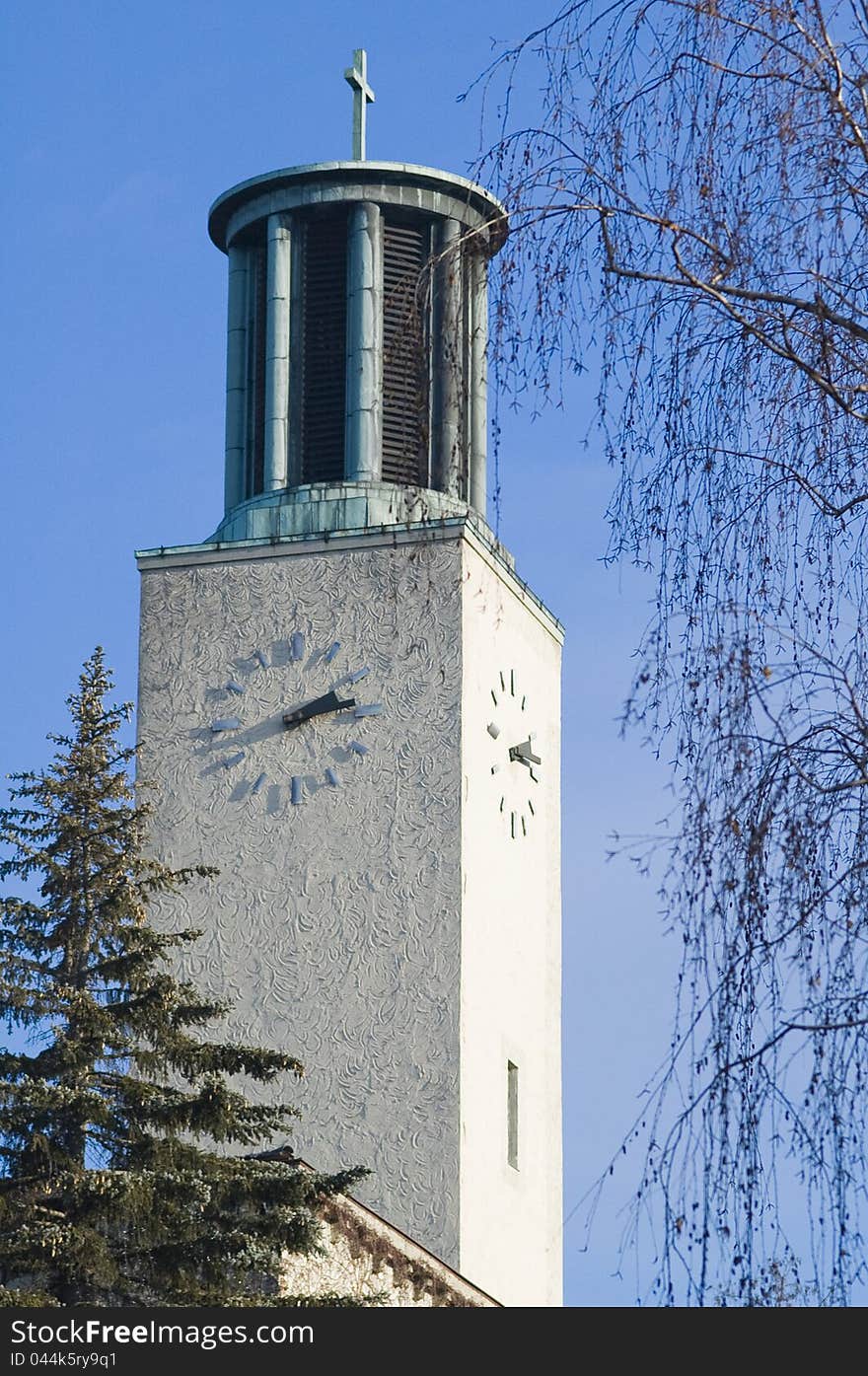 Modern church tower with clock, Hungary