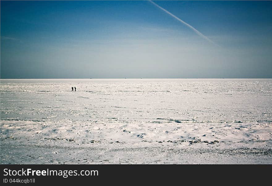 Odessa, frozen Black sea, people walk on water. Odessa, frozen Black sea, people walk on water