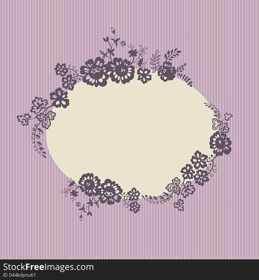 Retro floral graceful vignette with hand drawn flowers, leaves and twigs in rose and lilac tones. Vector illustration. Retro floral graceful vignette with hand drawn flowers, leaves and twigs in rose and lilac tones. Vector illustration