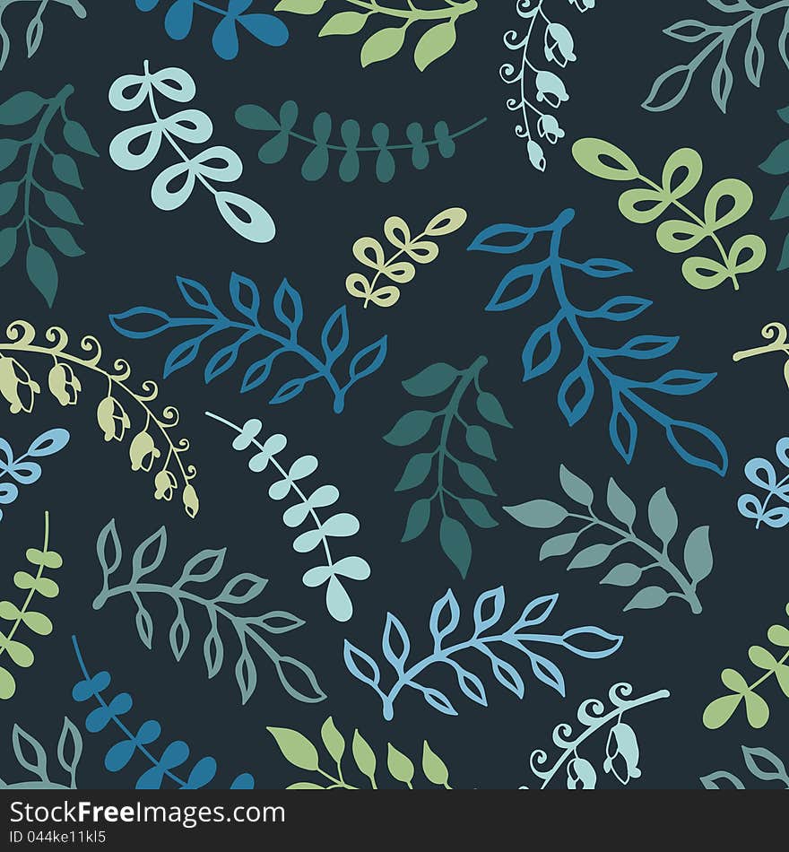 Night forest twigs and leaves seamless pattern on dark background. Vector illustration