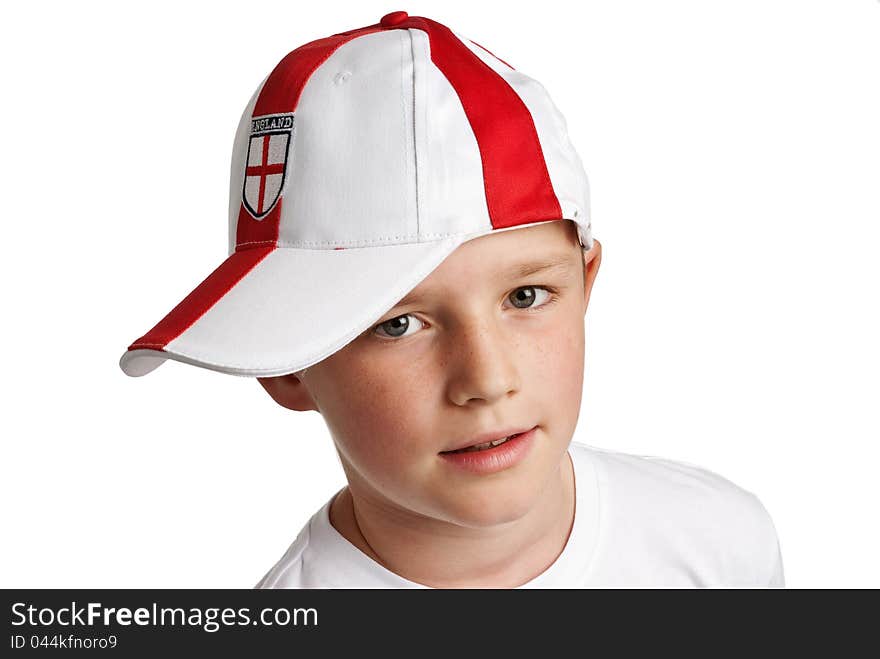 Boy wearing England Football Cap. Studio on white background.