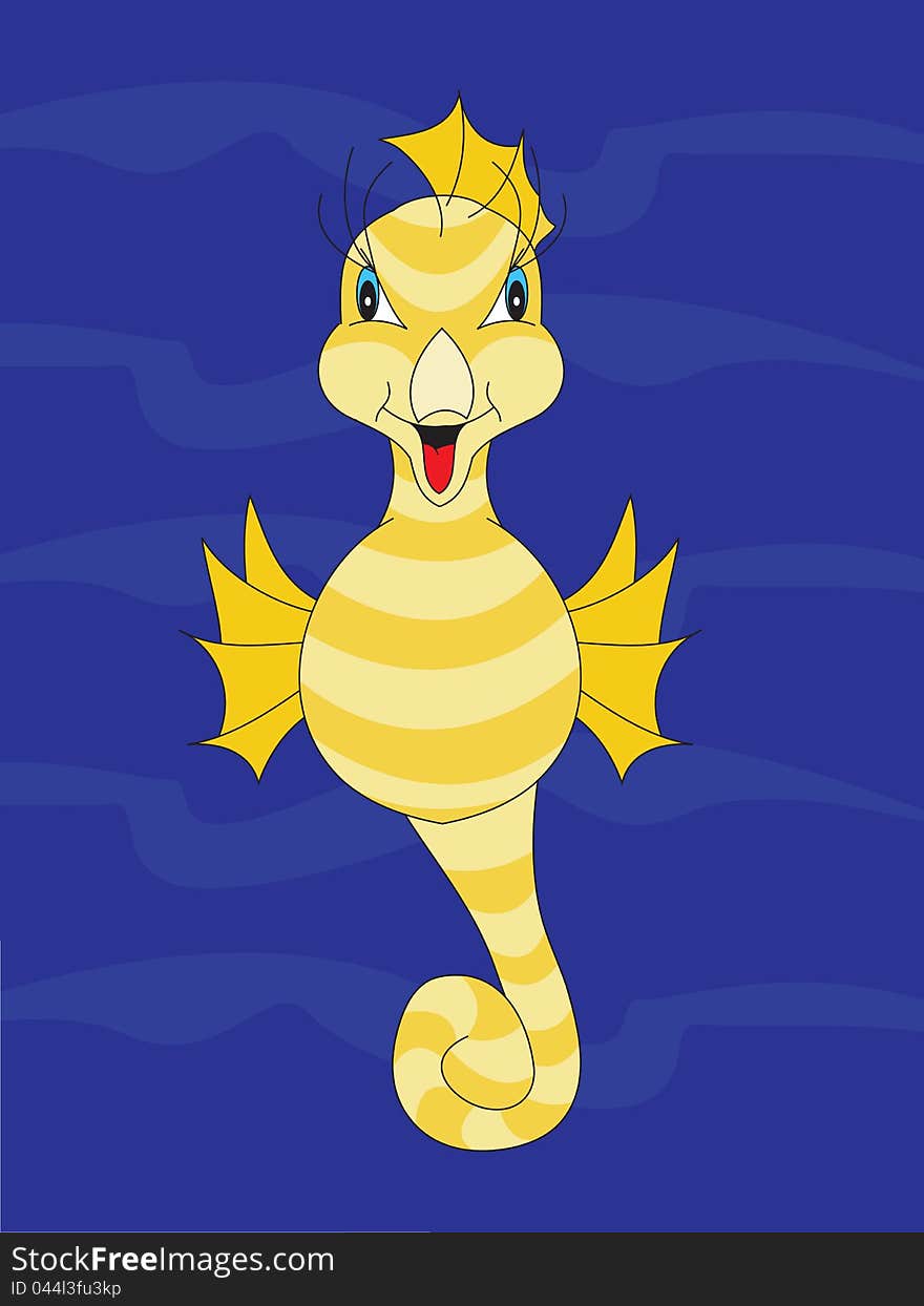 Funny yellow seahorse on dark blue background