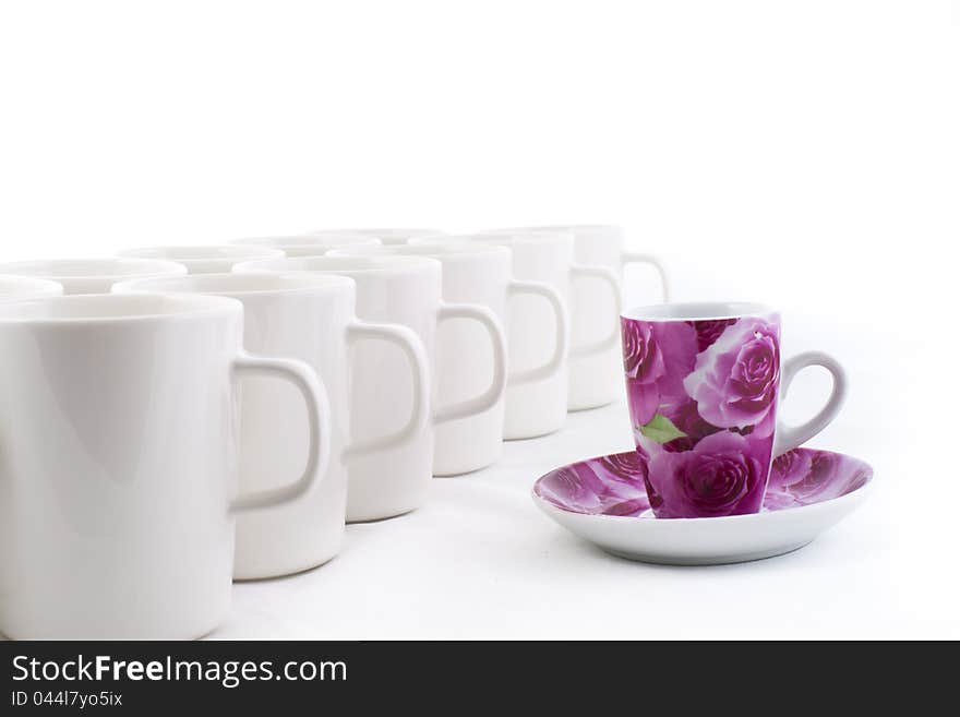 Line of white cups, on white background