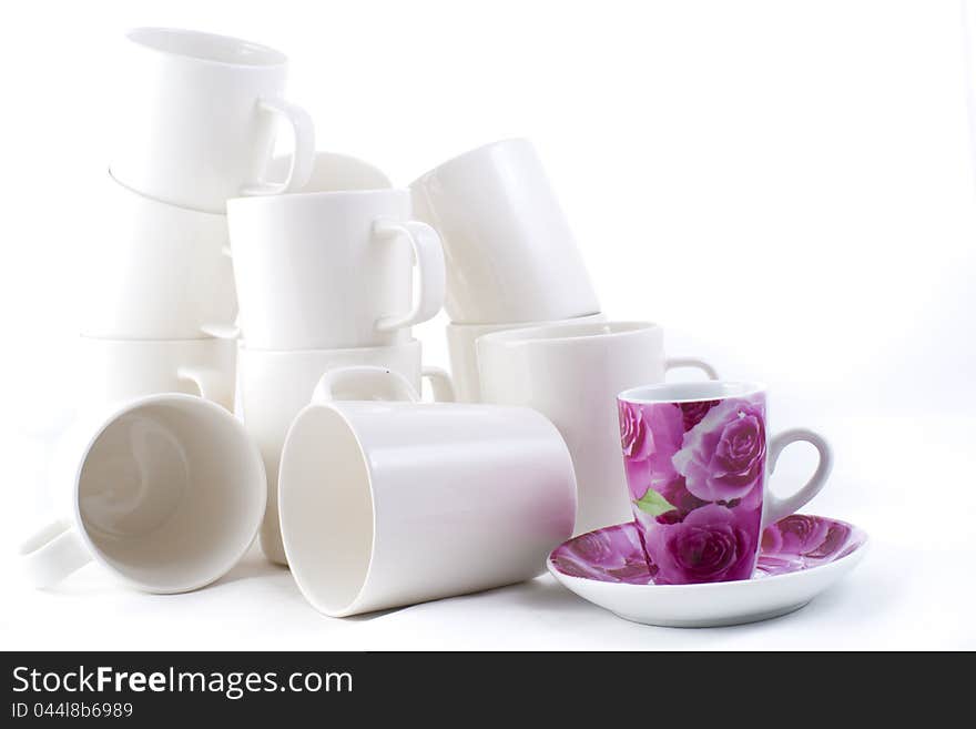 Many stacked of white cups on white background