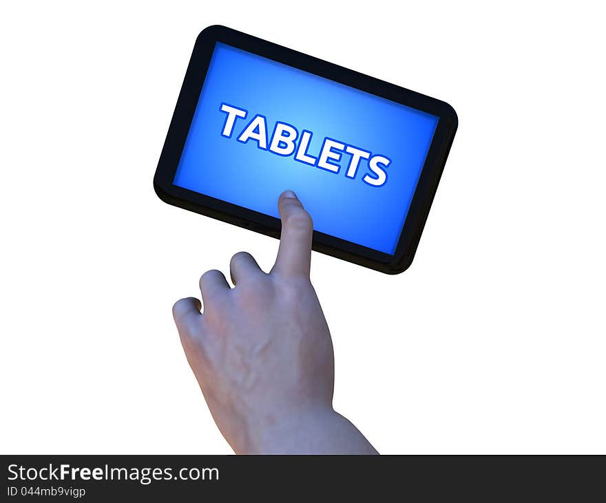 Computer generated image of hand holding a tablet displaying 'TABLETS'. White background.