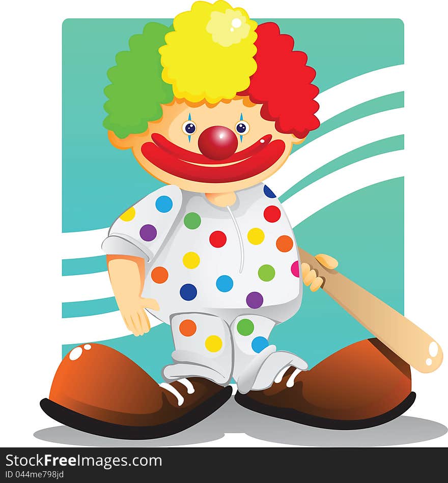 Cute clown with colorful hair wearing polka dots suit hold a baseball bat