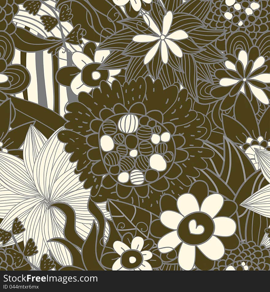 Seamless floral retro pattern in brawn colour with hearts