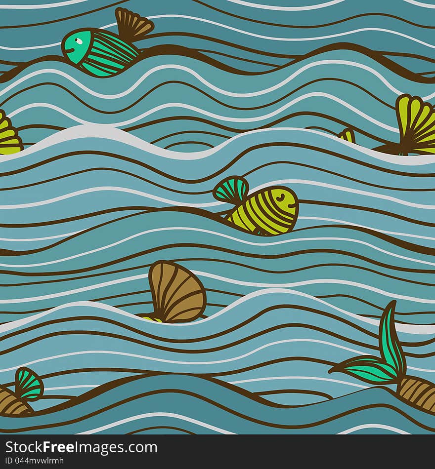 Seamless colourful sea pattern with fishes and waves. Seamless colourful sea pattern with fishes and waves