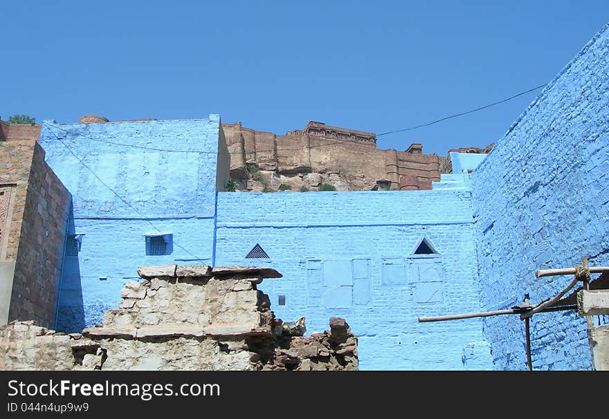 Details of traditional architecture and the Mehrangarh Fort in the Blue City of Jodhpur in the state of Rajasthan, India. Details of traditional architecture and the Mehrangarh Fort in the Blue City of Jodhpur in the state of Rajasthan, India.