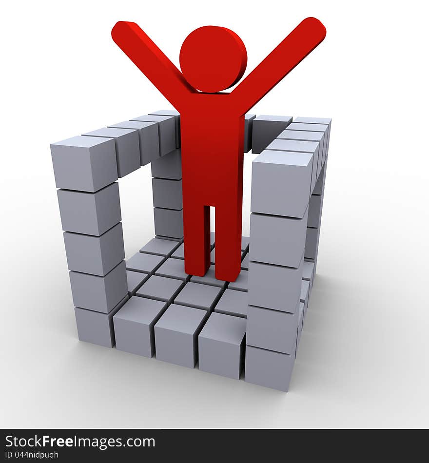 3d illustration of red winner man in abstract cube structure.