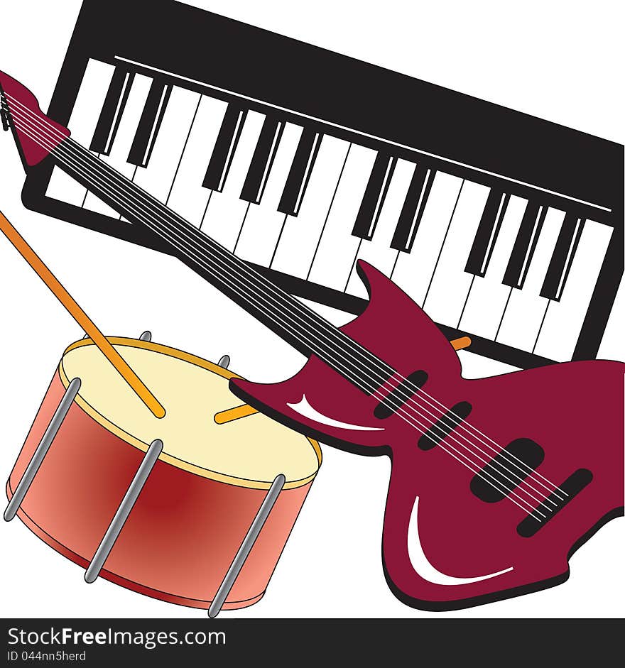 Guitar drum and synthesizer on white background. Guitar drum and synthesizer on white background