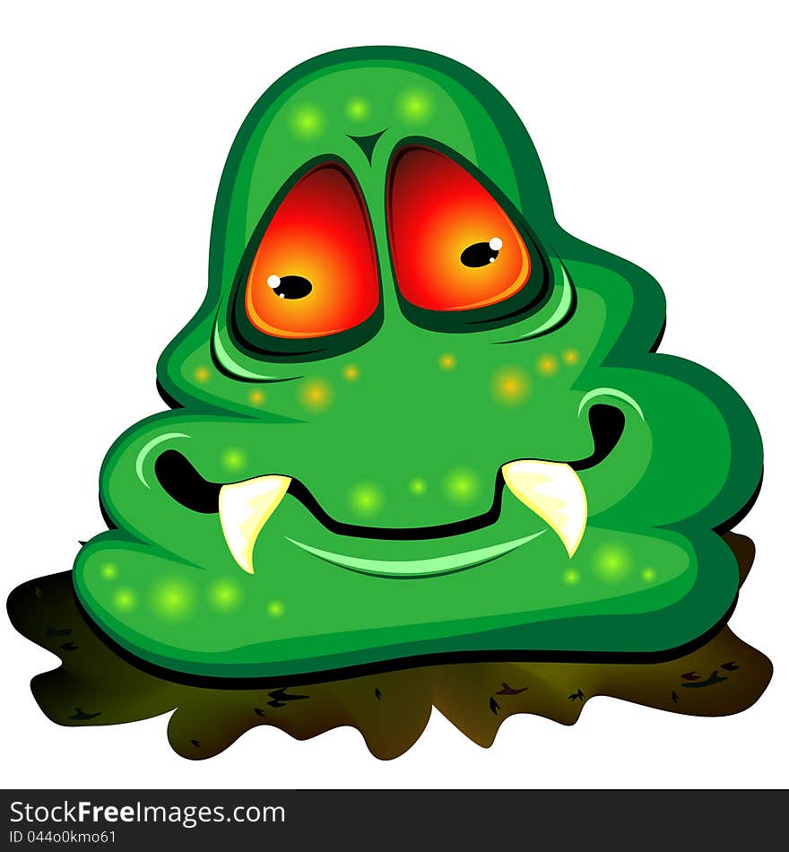 Big green germ with teeth sitting on dirty splash. Big green germ with teeth sitting on dirty splash