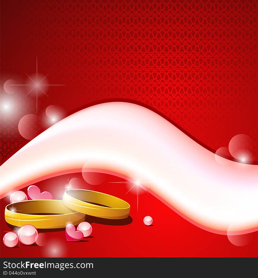 Red background with white wave and two wedding rings. Red background with white wave and two wedding rings