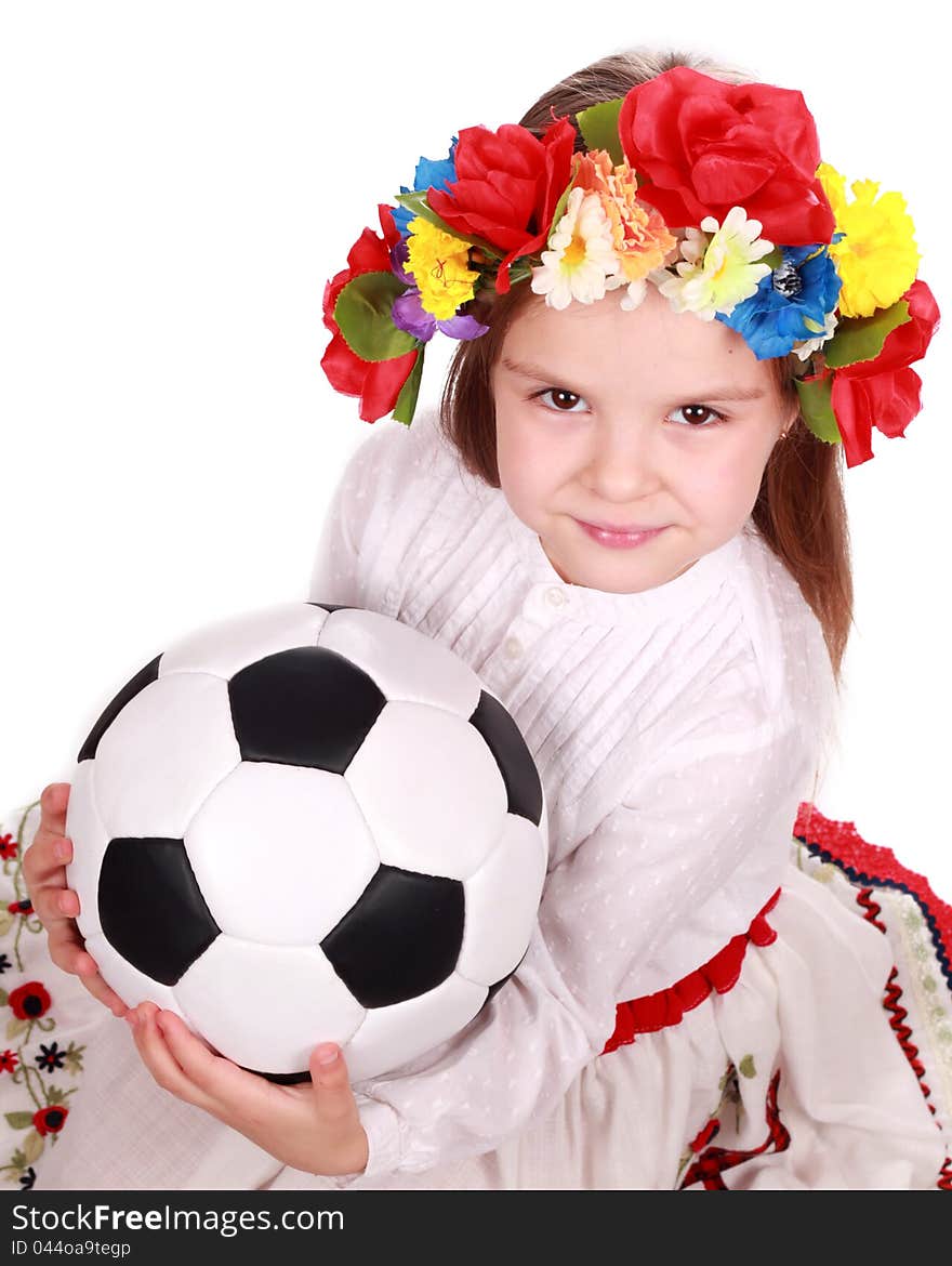 Ukrainian girl with soccer ball as a Euro 2012 fan over white background. Ukrainian girl with soccer ball as a Euro 2012 fan over white background