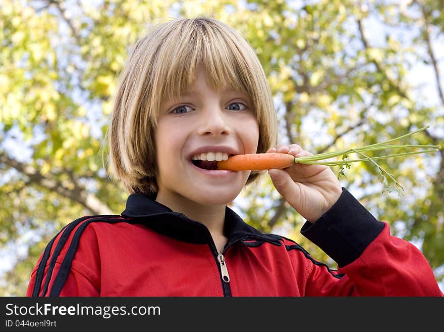 Young boy eating a carrot healthy