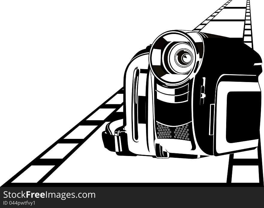 Modern digital video camera to film background. Black and white illustration. Modern digital video camera to film background. Black and white illustration.