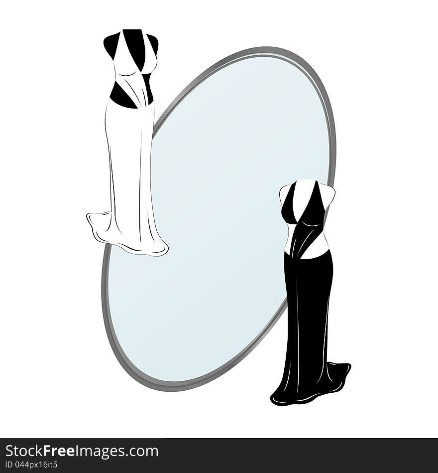 Black and white women's dress against the background of the mirror. Black and white illustration. Black and white women's dress against the background of the mirror. Black and white illustration.