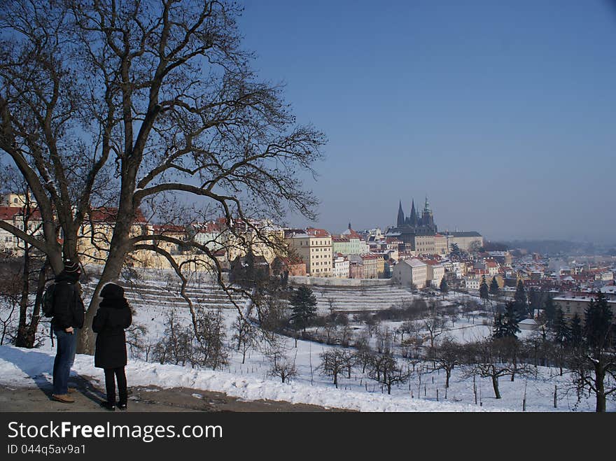 Tourists on a tour through Prague