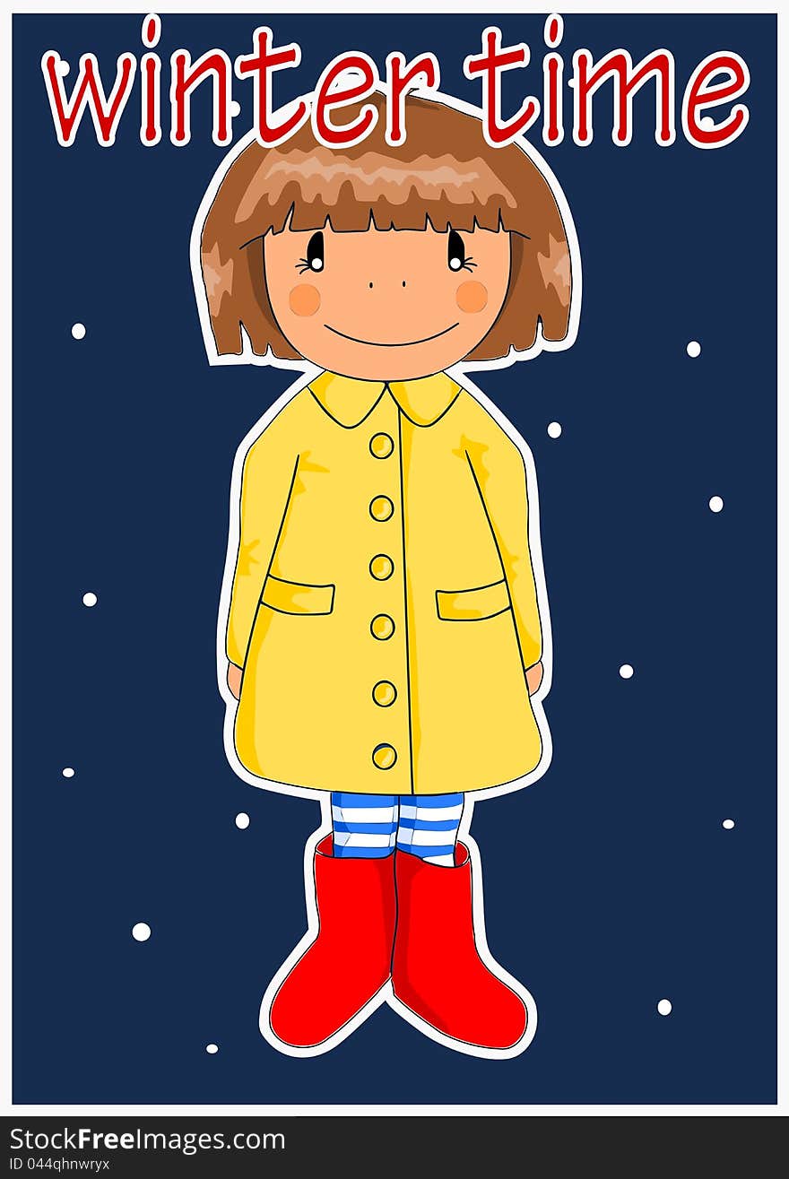 Happy girl in yellow coat - winter time. Vector. Happy girl in yellow coat - winter time. Vector.