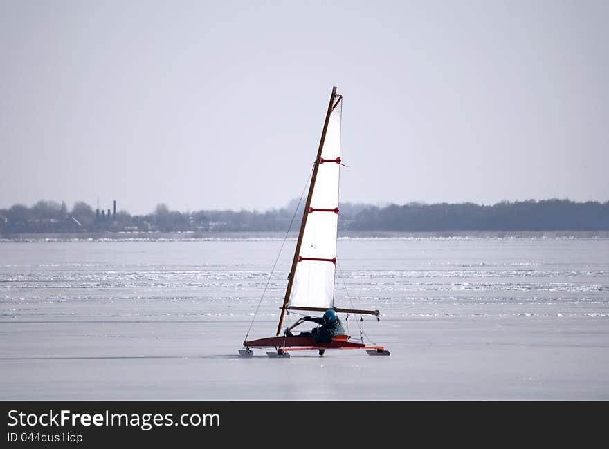 Ice sailing on a frozen lake