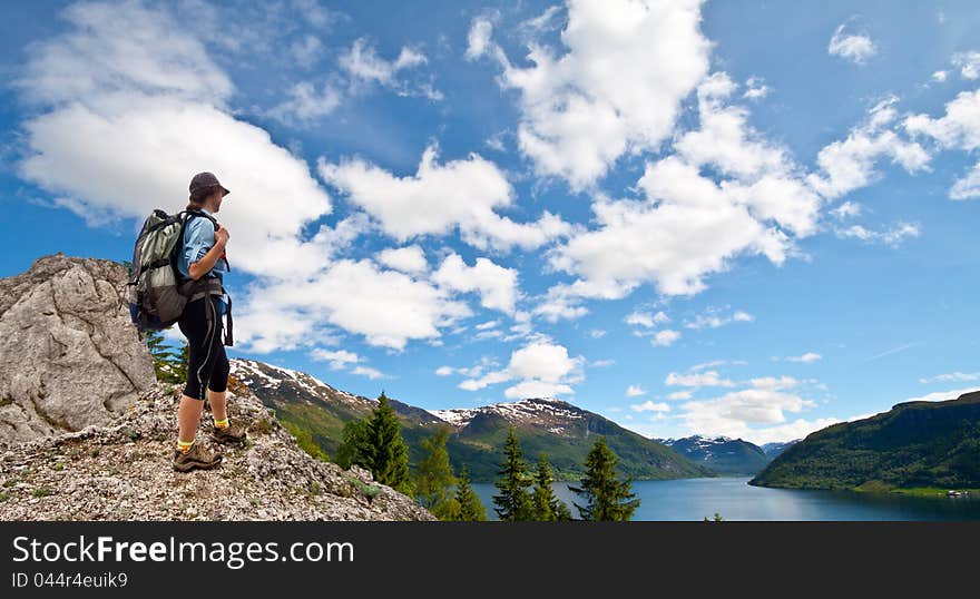 Woman trekking in mountains