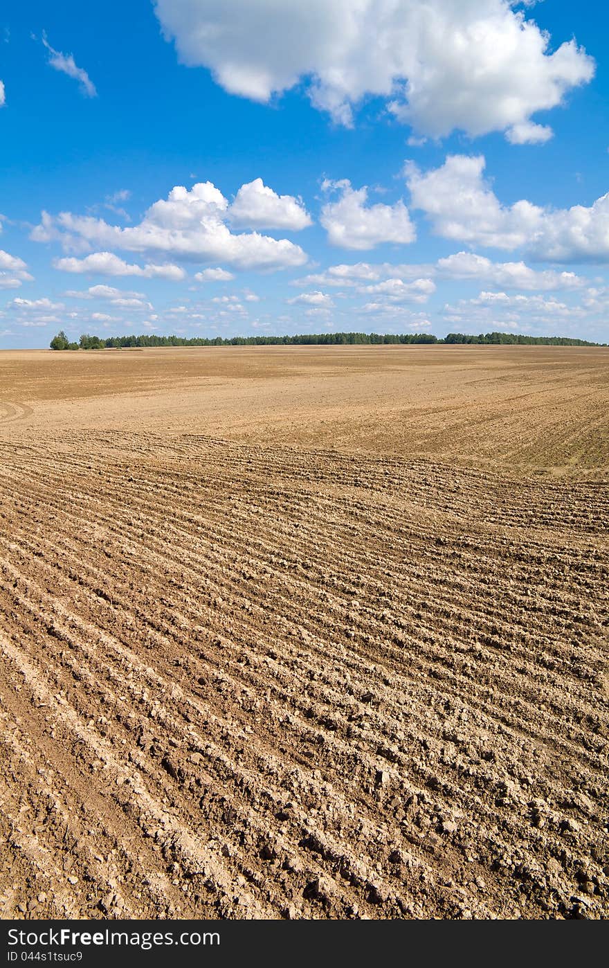 Plowed field with a beautiful blue sky
 and clouds. Plowed field with a beautiful blue sky
 and clouds.