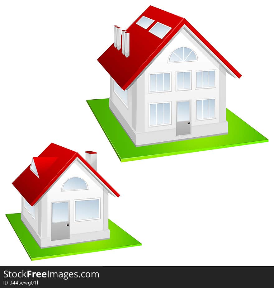 Model of house with red roof and lawn on white background, vector illustration. Model of house with red roof and lawn on white background, vector illustration