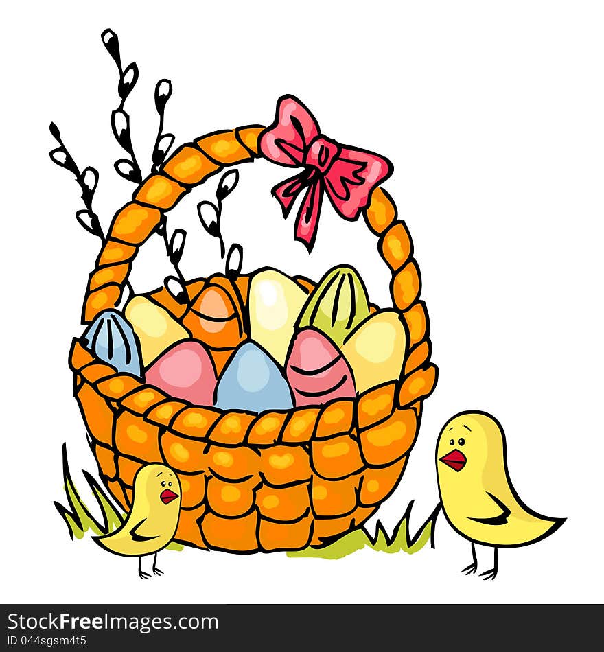 Illustration of basket full of Easter eggs isolated on white. Illustration of basket full of Easter eggs isolated on white.