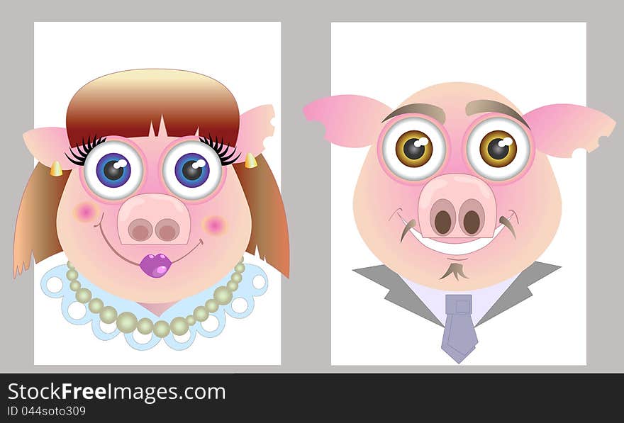 Caricature of a family of two pigs