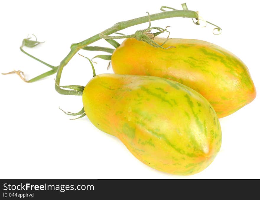 Two yellow plum tomatoes with green stripes on a branch isolated on a white background