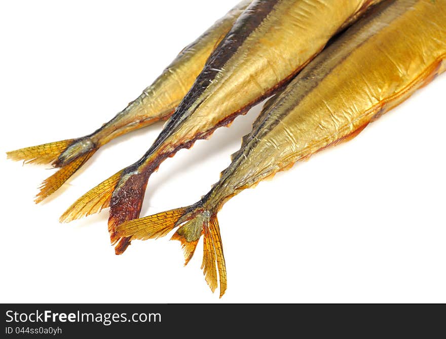 Smoked saury tails on a white background