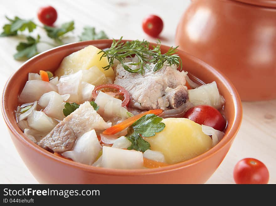 Cabbage soup with fresh cabbage with bacon