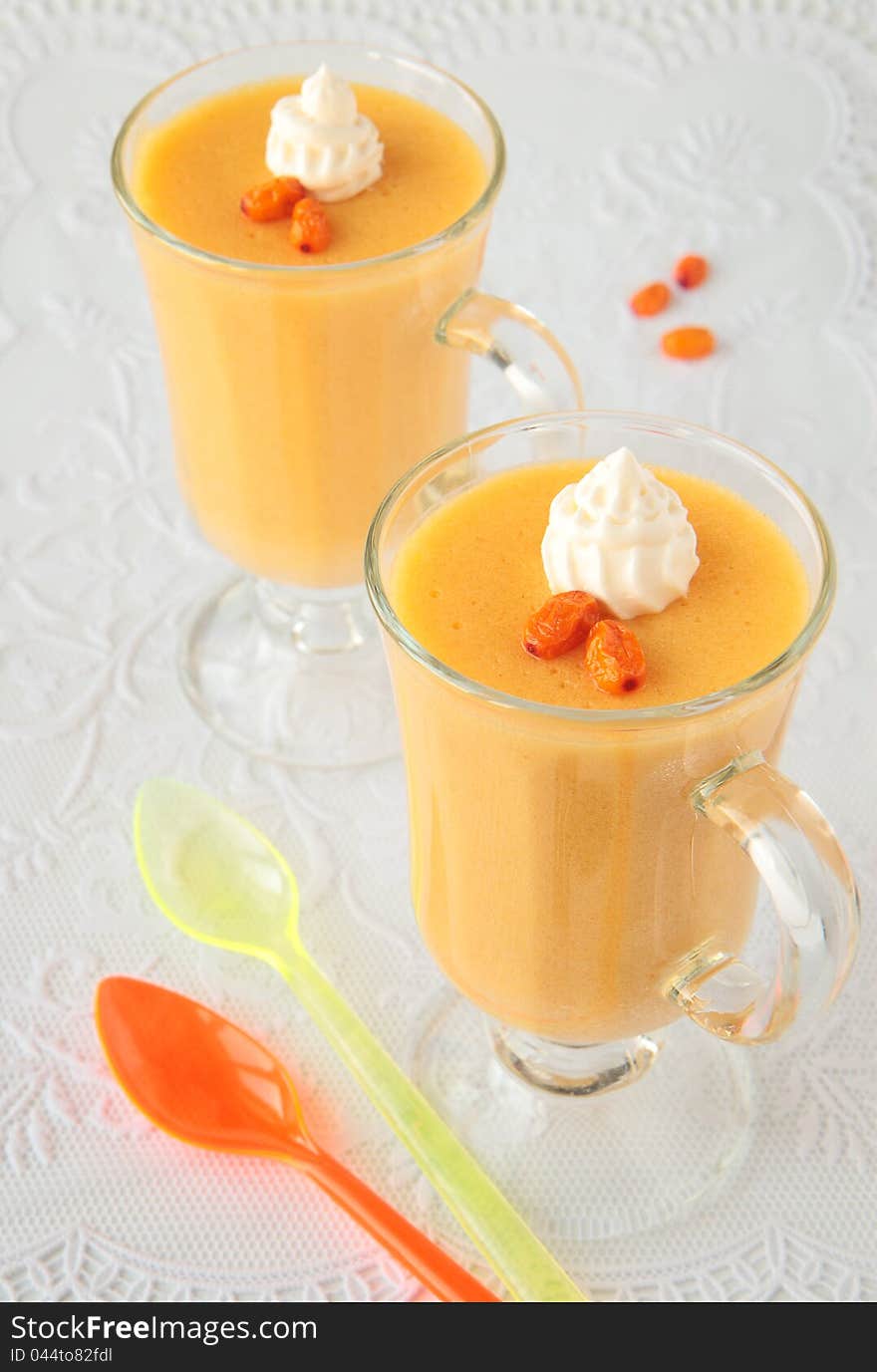 Two glass goblets with mousse of sea-buckthorn