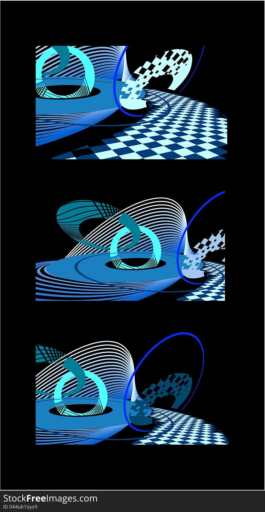 Abstract picture with blue circles, stripes & diamonds on a black background