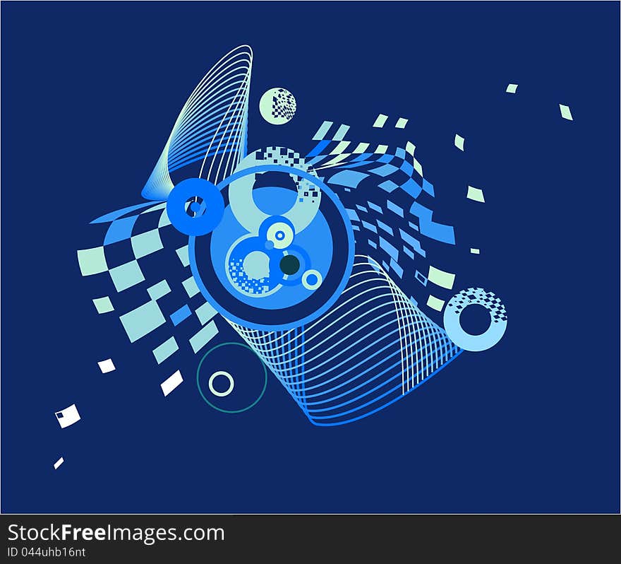 Dark blue abstract image with colored circles, stripes & diamonds on dark blue background. Dark blue abstract image with colored circles, stripes & diamonds on dark blue background