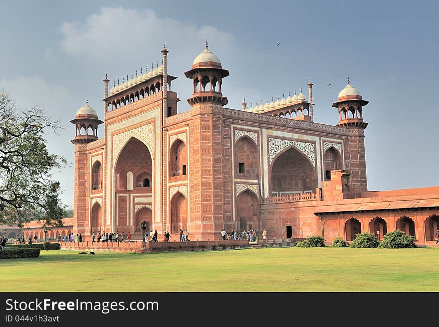 The gate to Taj Mahal, side view Agra, India