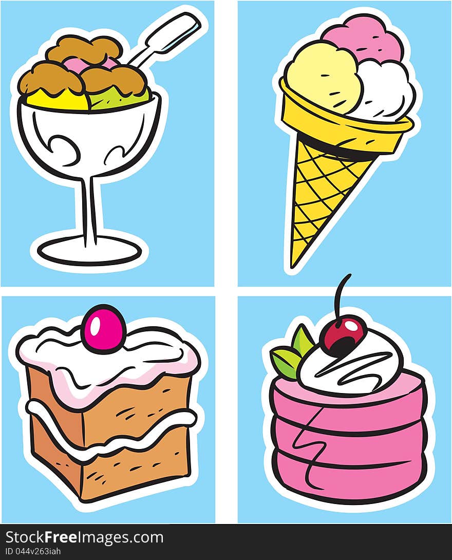 The illustration shows several types of sweet desserts. Illustration done in cartoon style, on separate layers.