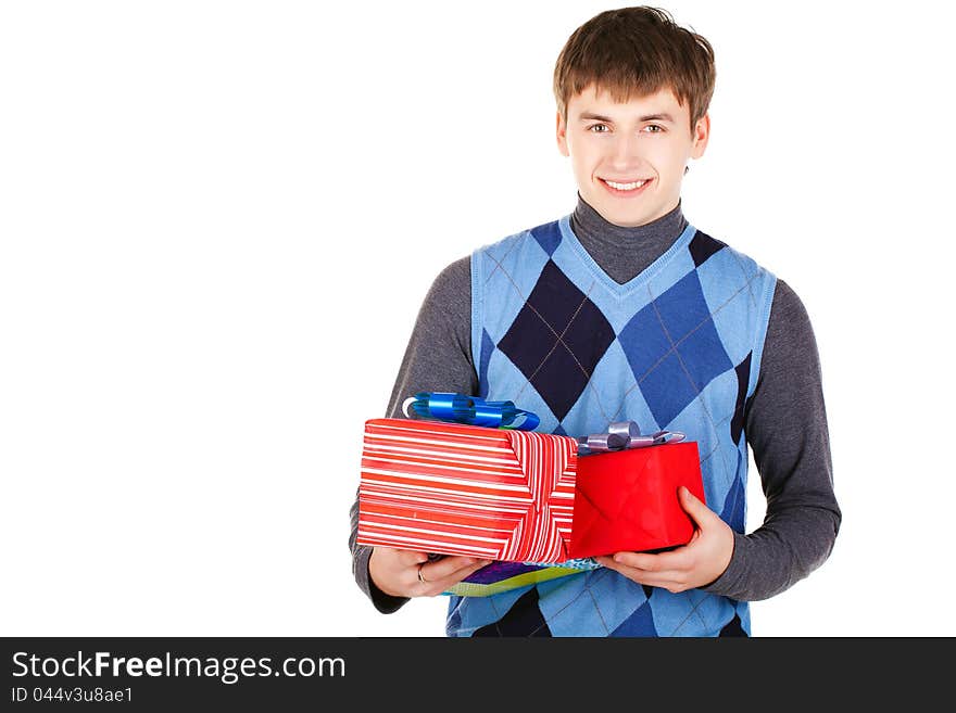 Present gift holding man looking camera isolated