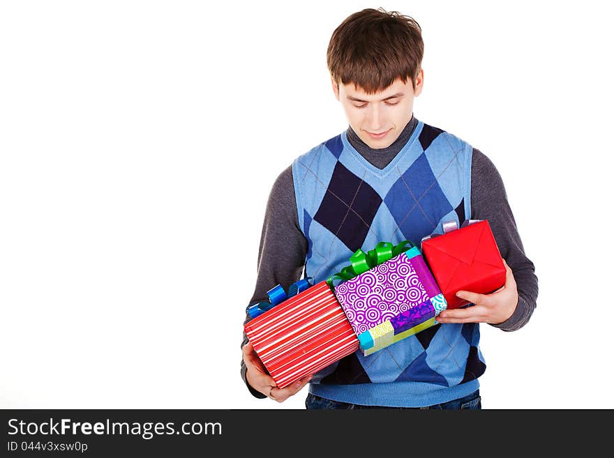 Present gift holding man looking camera isolated