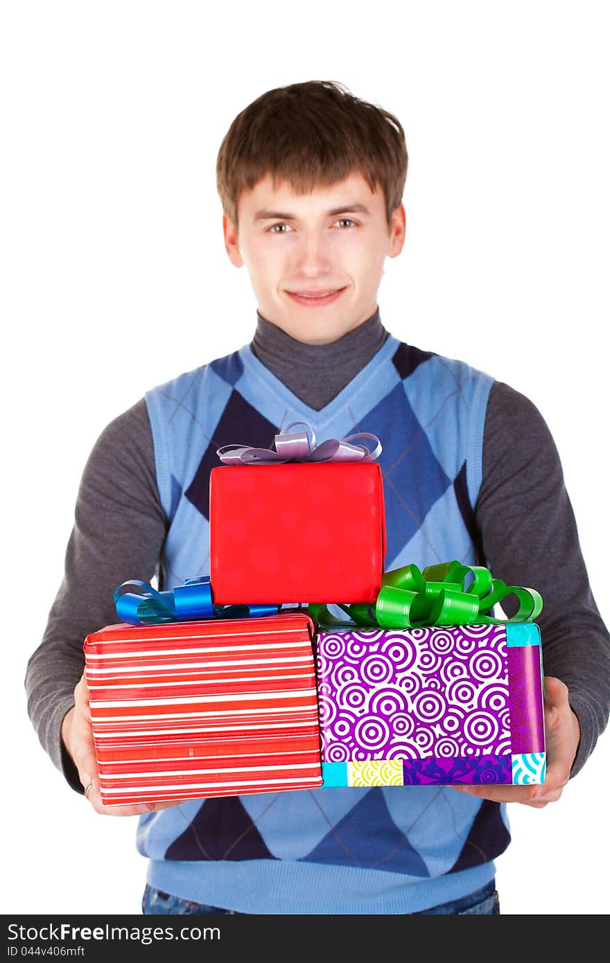 Present gift holding man looking camera isolated