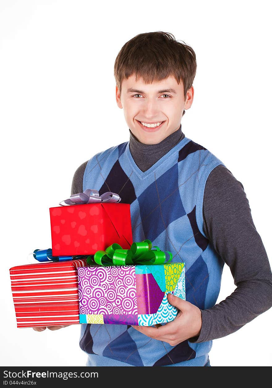 Present gift holding man looking camera isolated