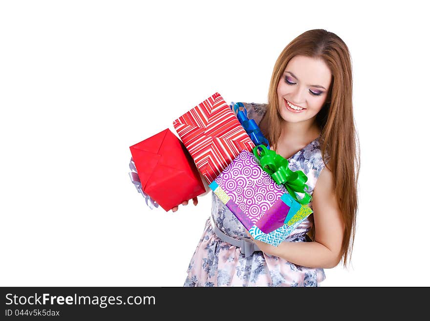 Beautiful Girl Holding Gifts Isolated