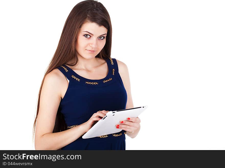 Brunette woman typing on her touch pad isolated